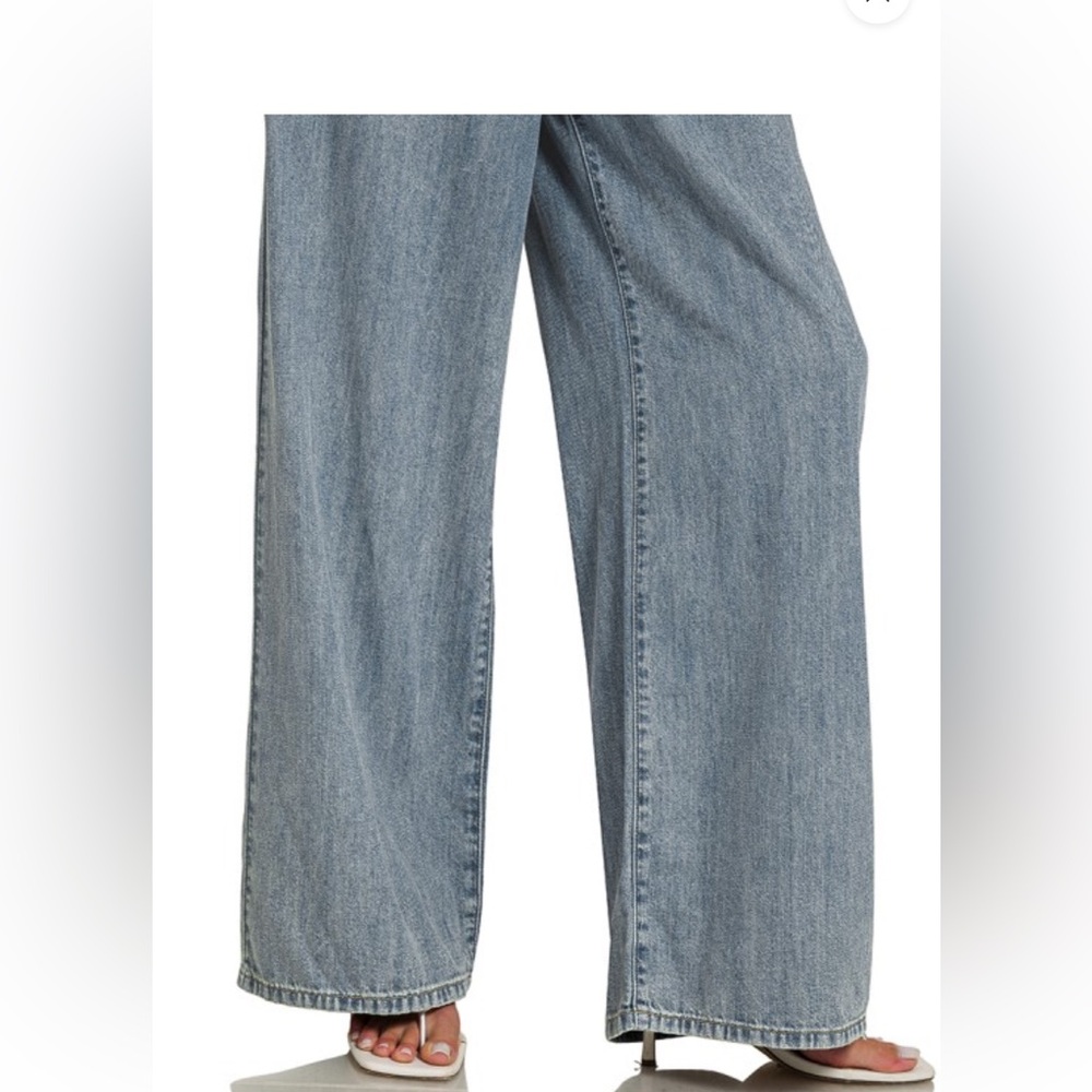 Zenana Wide Leg Denim Pants Drawstring Elastic Waist High Rise Medium NWT - Picture 7 of 13
